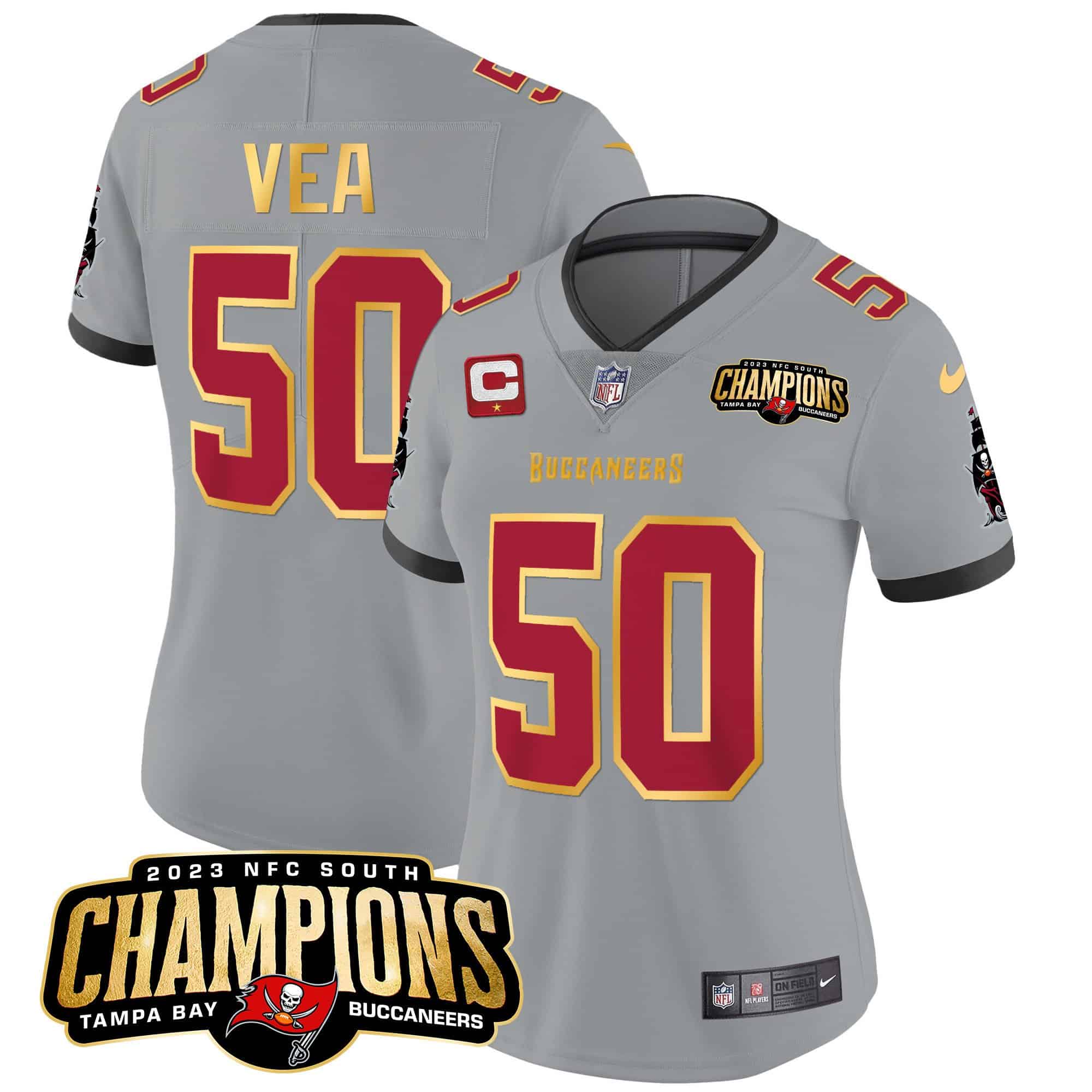 Women’s Buccaneers 2023 NFC South Champions Patch Gold Trim Vapor Jersey – All Stitched – Gray – Vita Vea