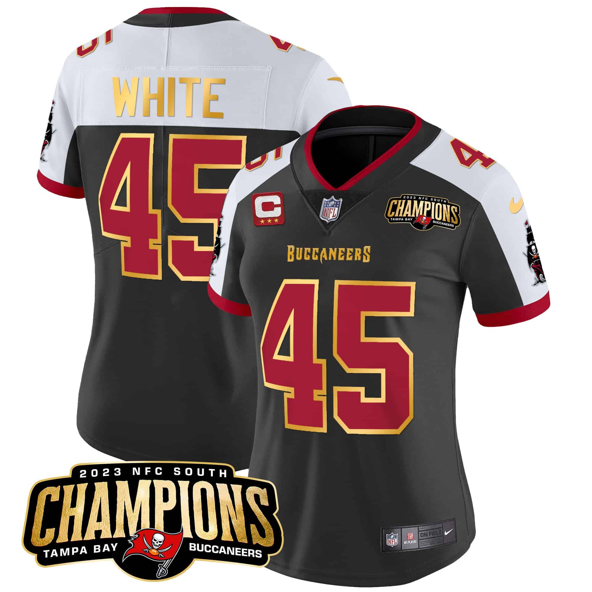 Women’s Buccaneers 2023 NFC South Champions Patch Gold Trim Vapor Jersey – All Stitched – Black Alternate – Devin White