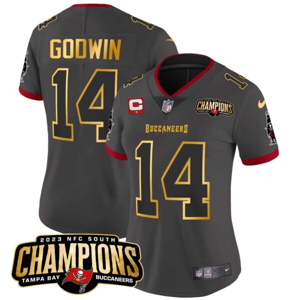 Women’s Buccaneers 2023 NFC South Champions Patch Gold Trim Vapor Jersey – All Stitched – Pewter – Chris Godwin