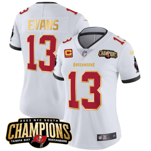 Women’s Buccaneers 2023 NFC South Champions Patch Gold Trim Vapor Jersey – All Stitched – White – Mike Evans