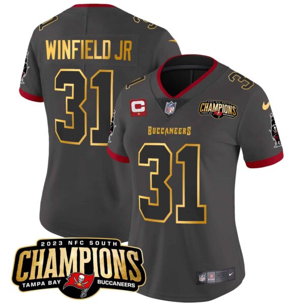 Women’s Buccaneers 2023 NFC South Champions Patch Gold Trim Vapor Jersey – All Stitched – Pewter – Antoine Winfield Jr