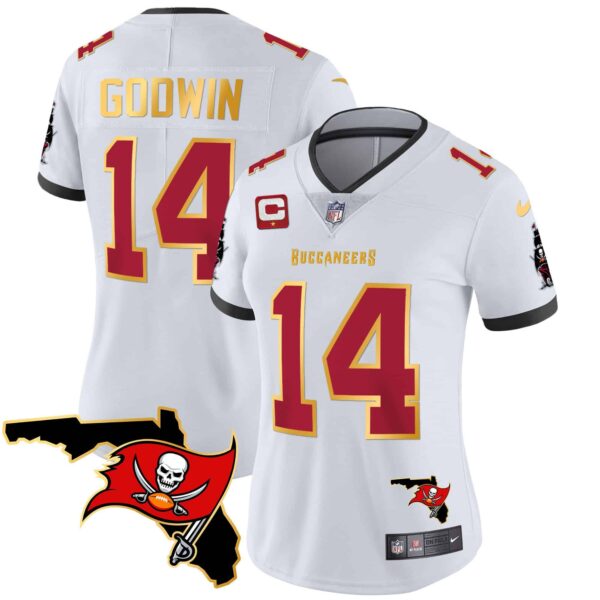 Women’s Buccaneers Florida Patch Gold Trim Vapor Jersey – All Stitched – White – Chris Godwin