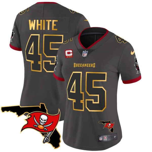 Women’s Buccaneers Florida Patch Gold Trim Vapor Jersey – All Stitched – Pewter – Devin White