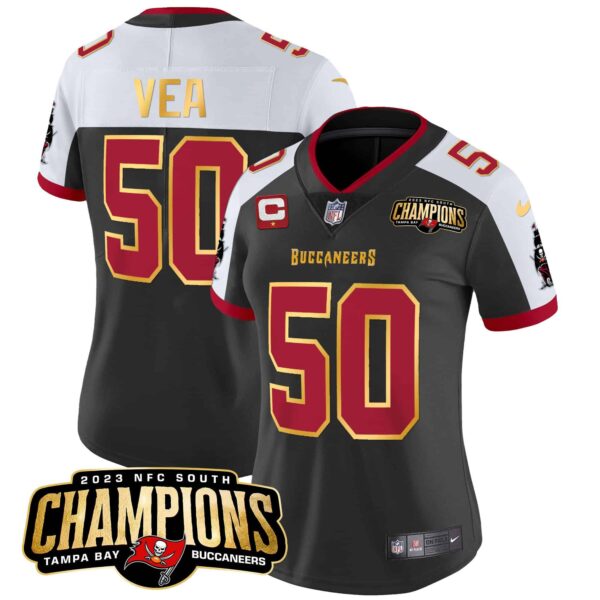 Women’s Buccaneers 2023 NFC South Champions Patch Gold Trim Vapor Jersey – All Stitched – Black Alternate – Vita Vea