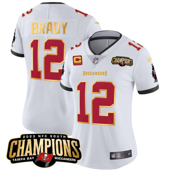 Women’s Buccaneers 2023 NFC South Champions Patch Gold Trim Vapor Jersey – All Stitched – White – Tom Brady