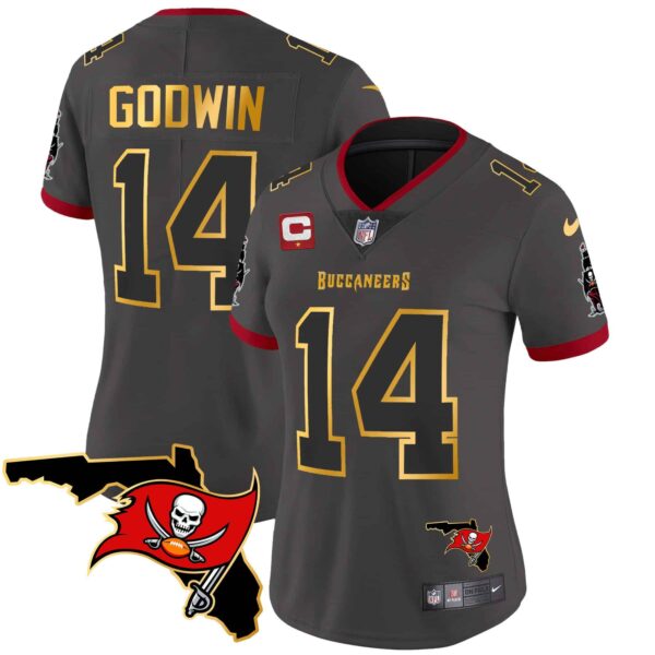 Women’s Buccaneers Florida Patch Gold Trim Vapor Jersey – All Stitched – Pewter – Chris Godwin