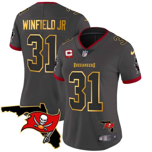 Women’s Buccaneers Florida Patch Gold Trim Vapor Jersey – All Stitched – Pewter – Antoine Winfield Jr