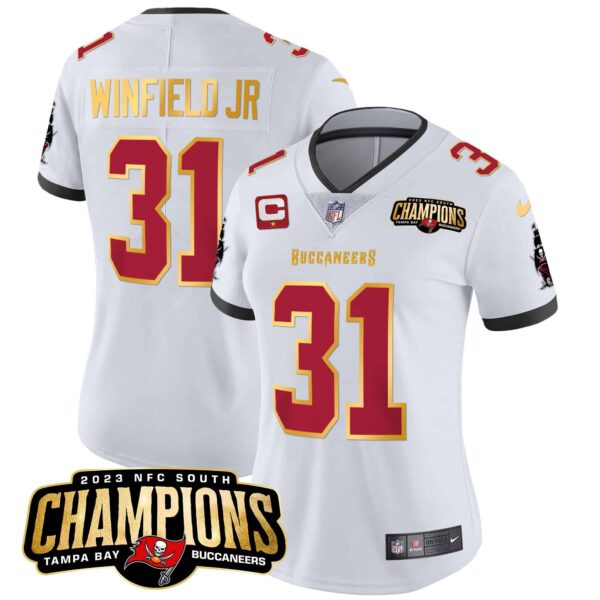 Women’s Buccaneers 2023 NFC South Champions Patch Gold Trim Vapor Jersey – All Stitched – White – Antoine Winfield Jr