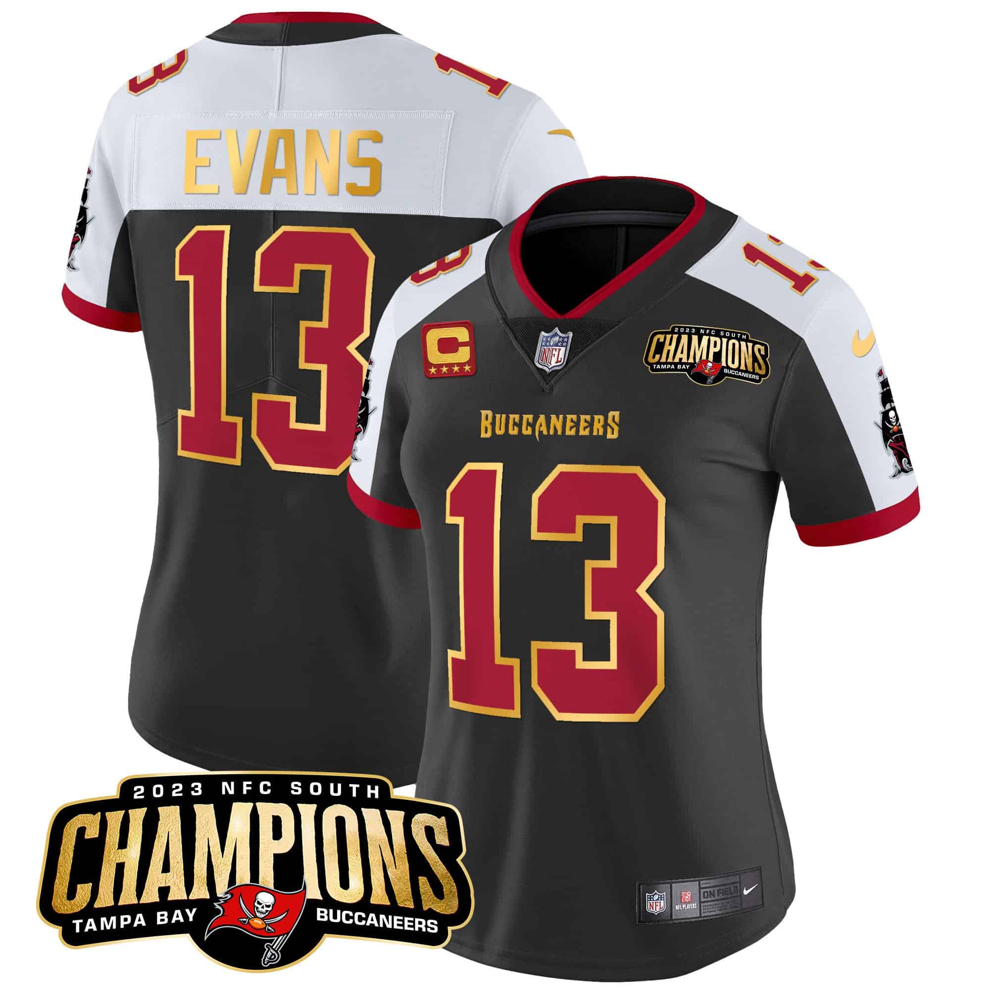 Women’s Buccaneers 2023 NFC South Champions Patch Gold Trim Vapor Jersey – All Stitched – Black Alternate – Mike Evans