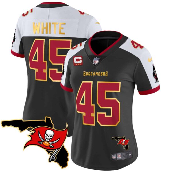 Women’s Buccaneers Florida Patch Gold Trim Vapor Jersey – All Stitched – Black Alternate – Devin White