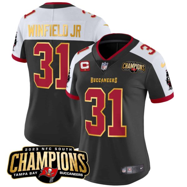 Women’s Buccaneers 2023 NFC South Champions Patch Gold Trim Vapor Jersey – All Stitched – Black Alternate – Antoine Winfield Jr