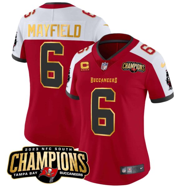 Women’s Buccaneers 2023 NFC South Champions Patch Gold Trim Vapor Jersey – All Stitched – Red Alternate – Baker Mayfield