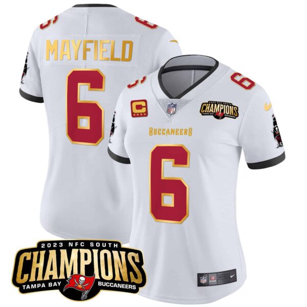 Women’s Buccaneers 2023 NFC South Champions Patch Gold Trim Vapor Jersey – All Stitched – White – Baker Mayfield