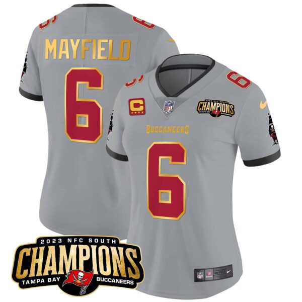 Women’s Buccaneers 2023 NFC South Champions Patch Gold Trim Vapor Jersey – All Stitched – Gray – Baker Mayfield