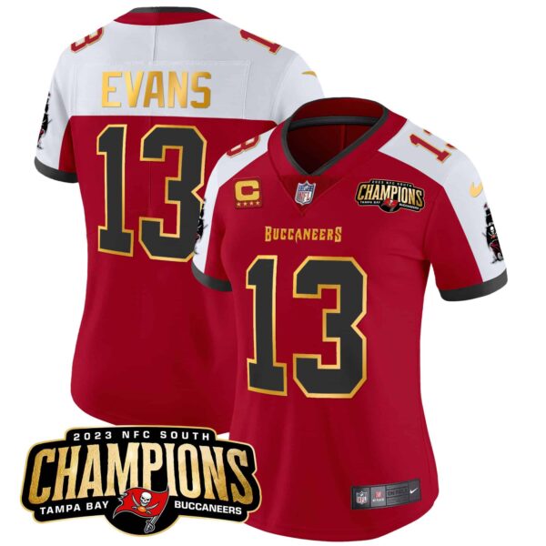 Women’s Buccaneers 2023 NFC South Champions Patch Gold Trim Vapor Jersey – All Stitched – Red Alternate – Mike Evans