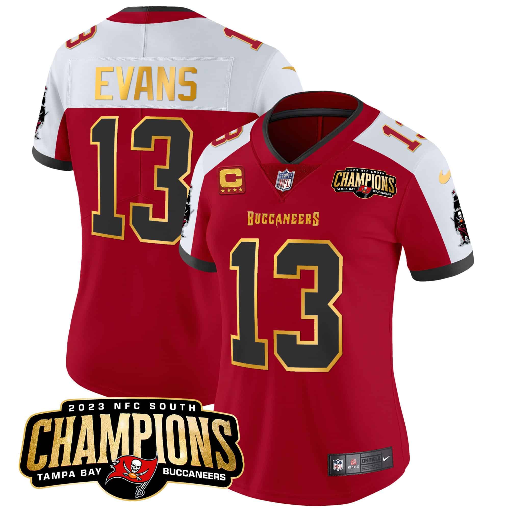 Women’s Buccaneers 2023 NFC South Champions Patch Gold Trim Vapor Jersey – All Stitched – Red Alternate – Mike Evans