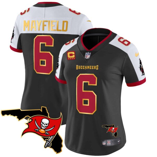Women’s Buccaneers Florida Patch Gold Trim Vapor Jersey – All Stitched – Black Alternate – Baker Mayfield