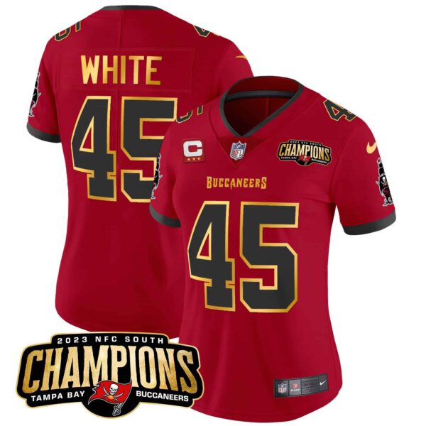 Women’s Buccaneers 2023 NFC South Champions Patch Gold Trim Vapor Jersey – All Stitched – Red – Devin White