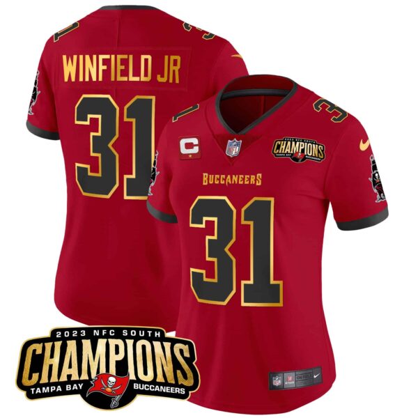 Women’s Buccaneers 2023 NFC South Champions Patch Gold Trim Vapor Jersey – All Stitched – Red – Antoine Winfield Jr