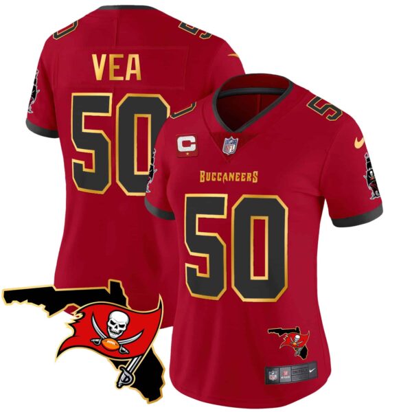 Women’s Buccaneers Florida Patch Gold Trim Vapor Jersey – All Stitched – Red – Vita Vea