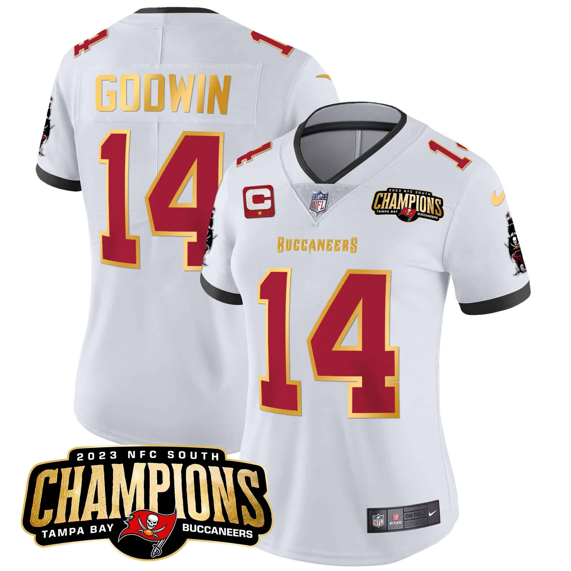Women’s Buccaneers 2023 NFC South Champions Patch Gold Trim Vapor Jersey – All Stitched – White – Chris Godwin