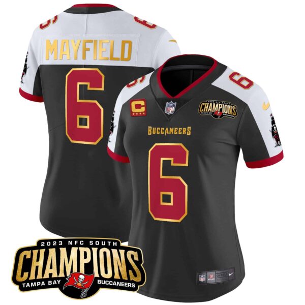 Women’s Buccaneers 2023 NFC South Champions Patch Gold Trim Vapor Jersey – All Stitched – Black Alternate – Baker Mayfield