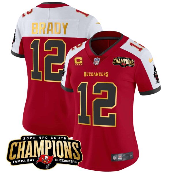 Women’s Buccaneers 2023 NFC South Champions Patch Gold Trim Vapor Jersey – All Stitched – Red Alternate – Tom Brady