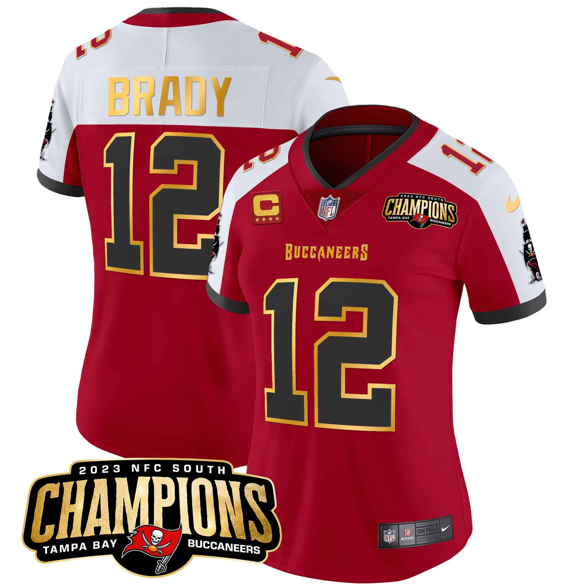 Women’s Buccaneers 2023 NFC South Champions Patch Gold Trim Vapor Jersey – All Stitched – Red Alternate – Tom Brady