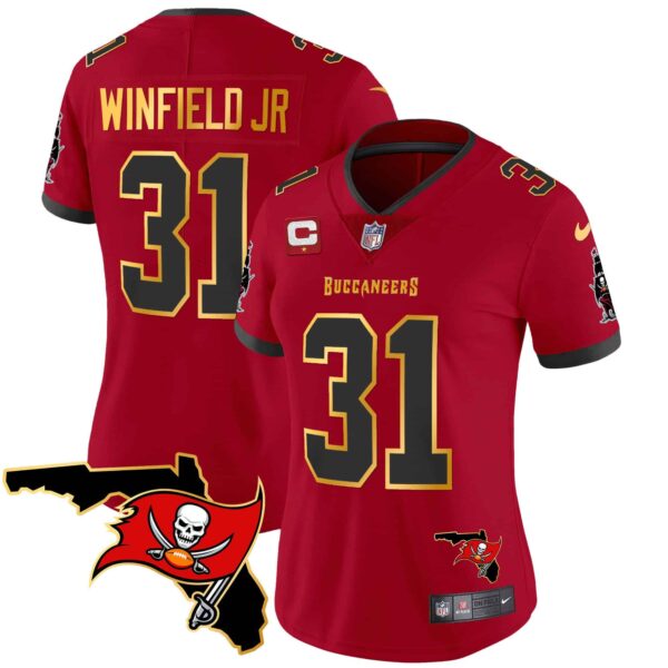 Women’s Buccaneers Florida Patch Gold Trim Vapor Jersey – All Stitched – Red – Antoine Winfield Jr
