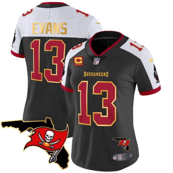 Women’s Buccaneers Florida Patch Gold Trim Vapor Jersey – All Stitched – Black Alternate – Mike Evans