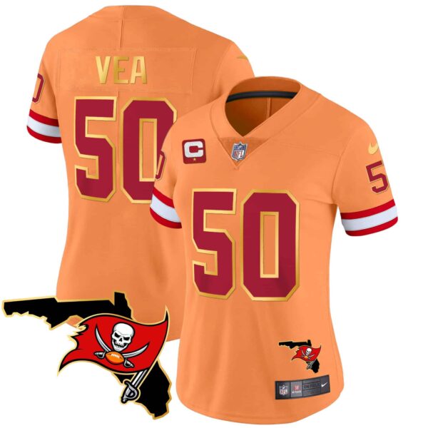 Women’s Buccaneers Florida Patch Gold Trim Vapor Jersey – All Stitched – Orange – Vita Vea