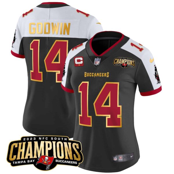 Women’s Buccaneers 2023 NFC South Champions Patch Gold Trim Vapor Jersey – All Stitched – Black Alternate – Chris Godwin