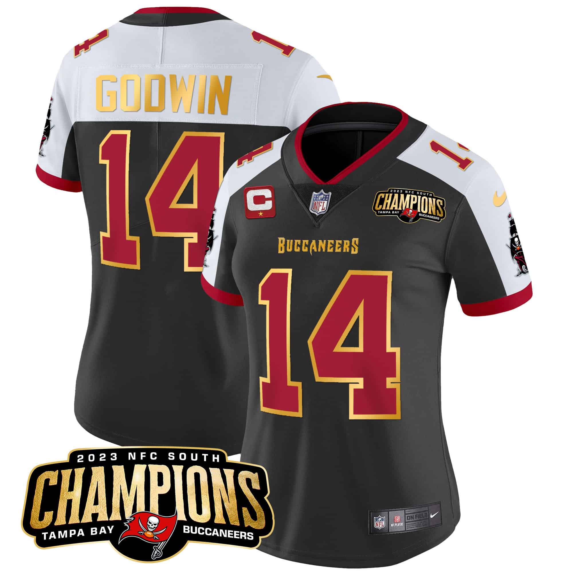Women’s Buccaneers 2023 NFC South Champions Patch Gold Trim Vapor Jersey – All Stitched – Black Alternate – Chris Godwin