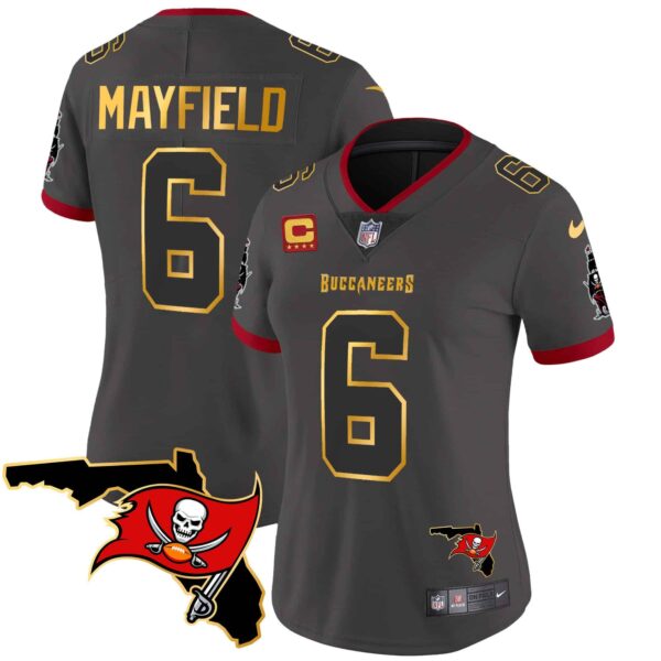 Women’s Buccaneers Florida Patch Gold Trim Vapor Jersey – All Stitched – Pewter – Baker Mayfield