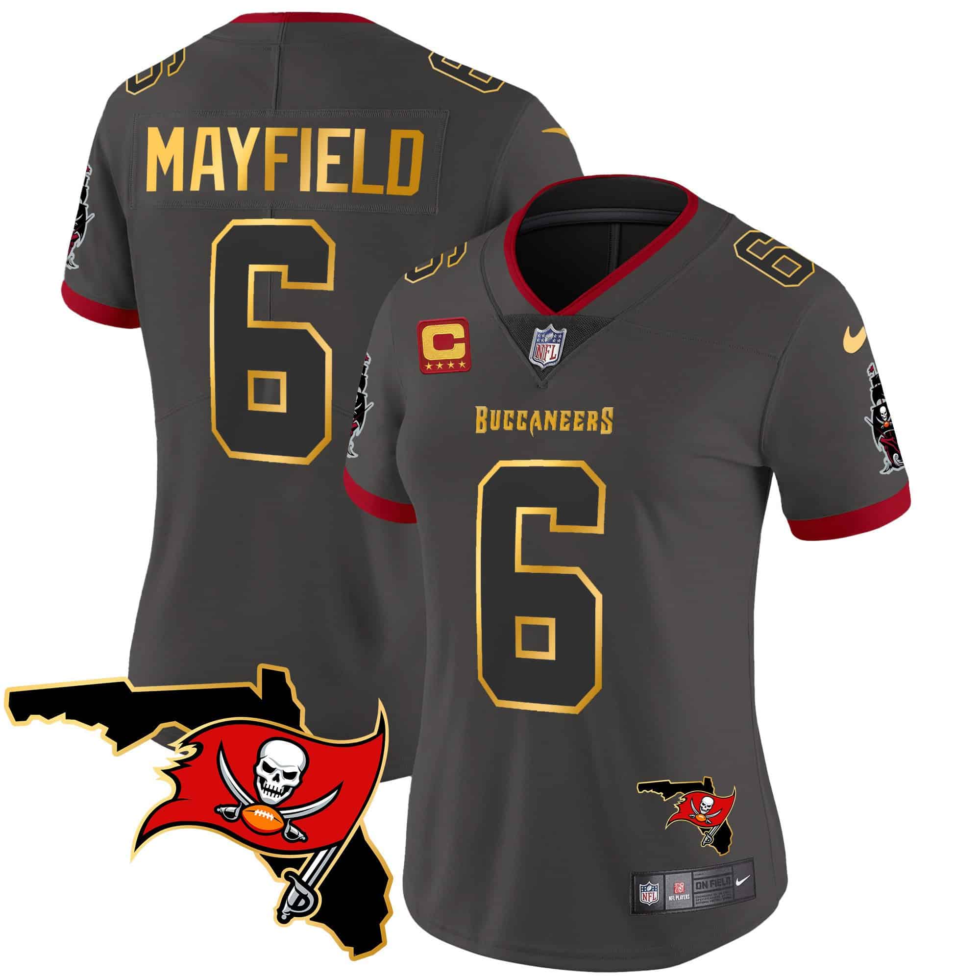 Women’s Buccaneers Florida Patch Gold Trim Vapor Jersey – All Stitched – Pewter – Baker Mayfield