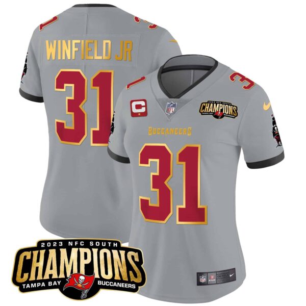 Women’s Buccaneers 2023 NFC South Champions Patch Gold Trim Vapor Jersey – All Stitched – Gray – Antoine Winfield Jr