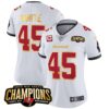 Women’s Buccaneers 2023 NFC South Champions Patch Gold Trim Vapor Jersey – All Stitched – White – Devin White