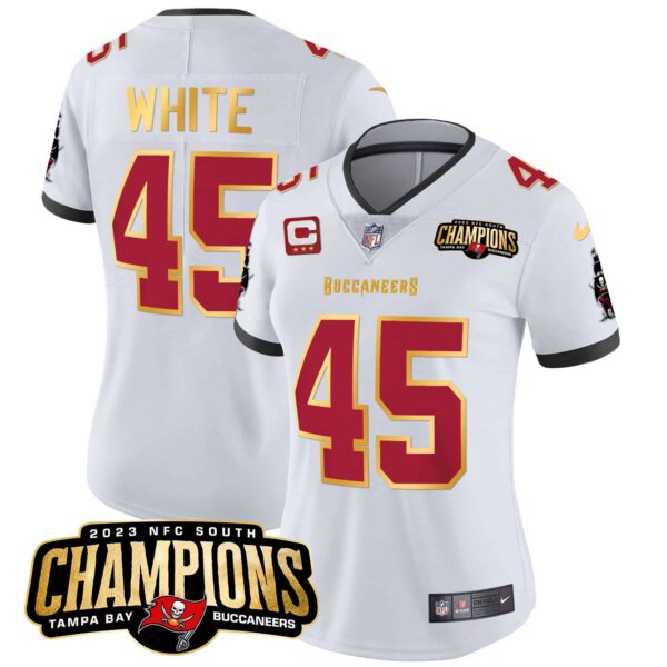 Women’s Buccaneers 2023 NFC South Champions Patch Gold Trim Vapor Jersey – All Stitched – White – Devin White