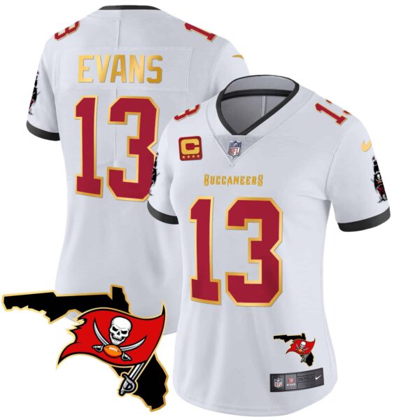 Women’s Buccaneers Florida Patch Gold Trim Vapor Jersey – All Stitched – White – Mike Evans