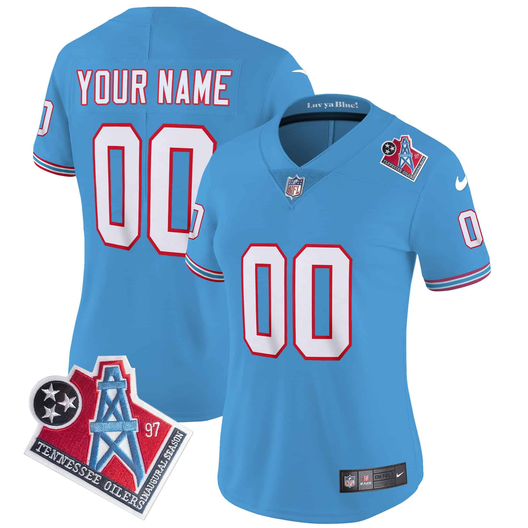 Titans 1997 Throwback Limited Vapor Custom Jersey – All Stitched – Women – Light Blue