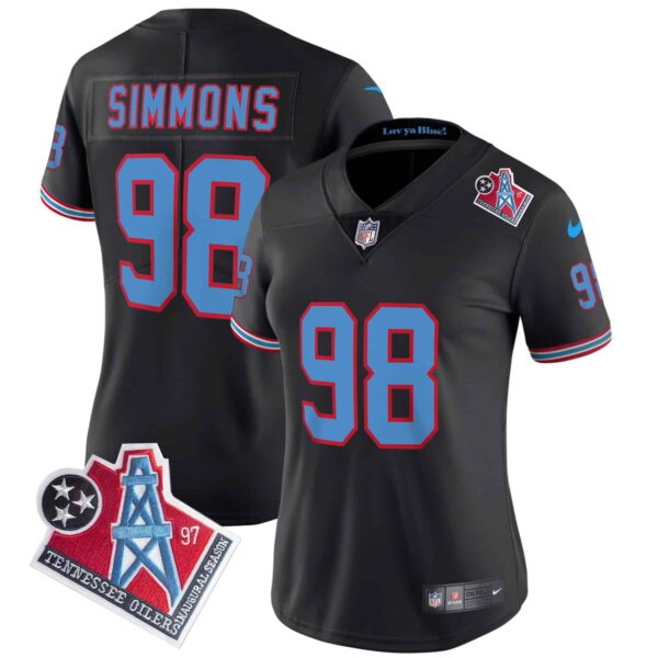Women’s Titans 1997 Throwback Limited Vapor Jersey – All Stitched – Black – Jeffery Simmons