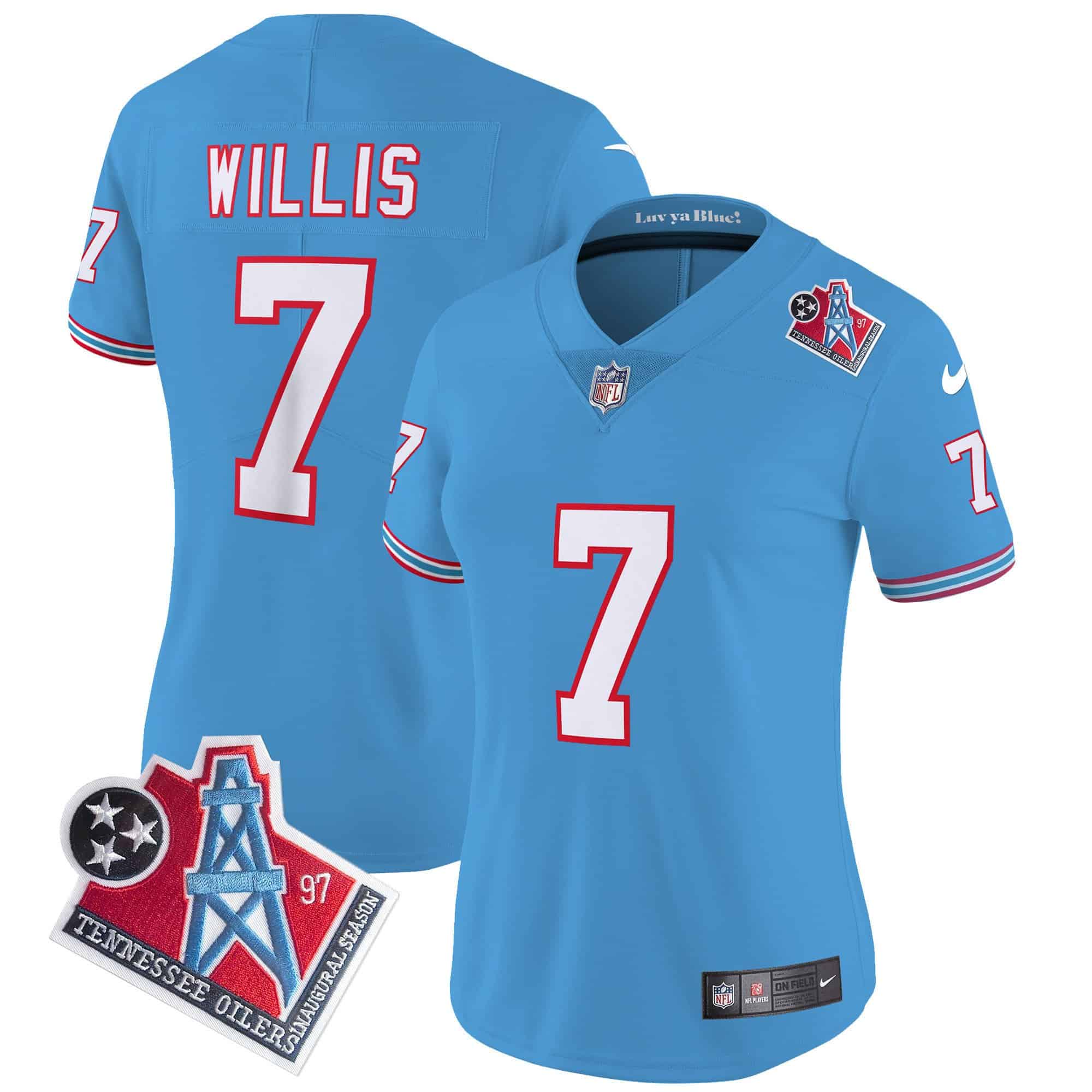 Women’s Titans 1997 Throwback Limited Vapor Jersey – All Stitched – Light Blue – Malik Willis