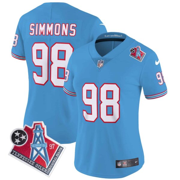 Women’s Titans 1997 Throwback Limited Vapor Jersey – All Stitched – Light Blue – Jeffery Simmons
