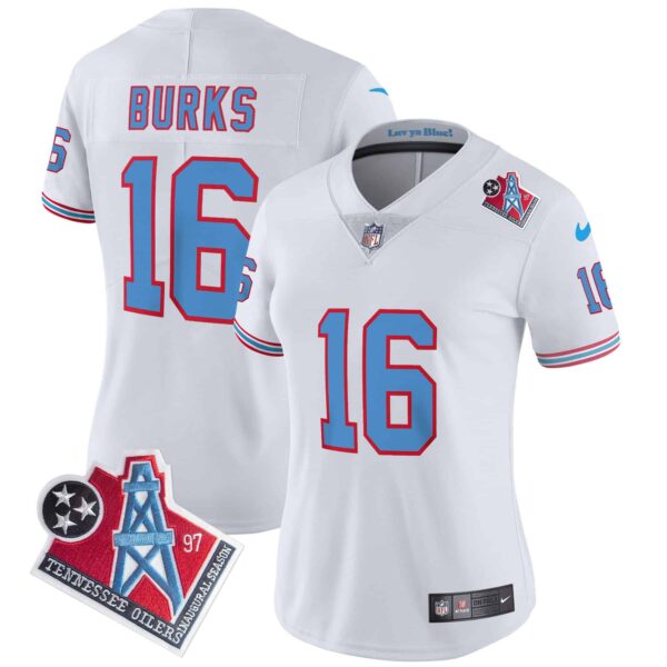 Women’s Titans 1997 Throwback Limited Vapor Jersey – All Stitched – White – Treylon Burks