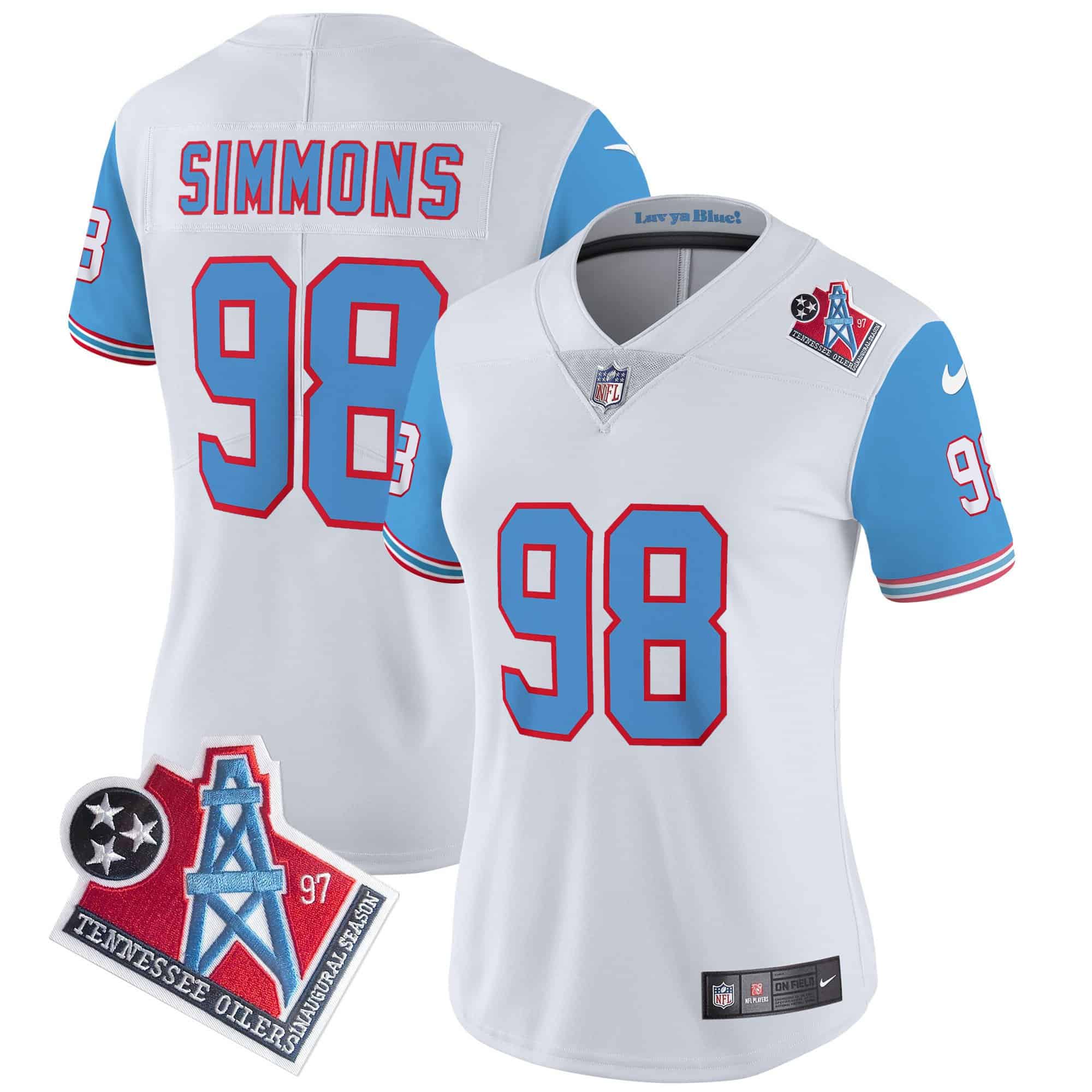 Women’s Titans 1997 Throwback Limited Vapor Jersey – All Stitched – Blue Sleeves – Jeffery Simmons
