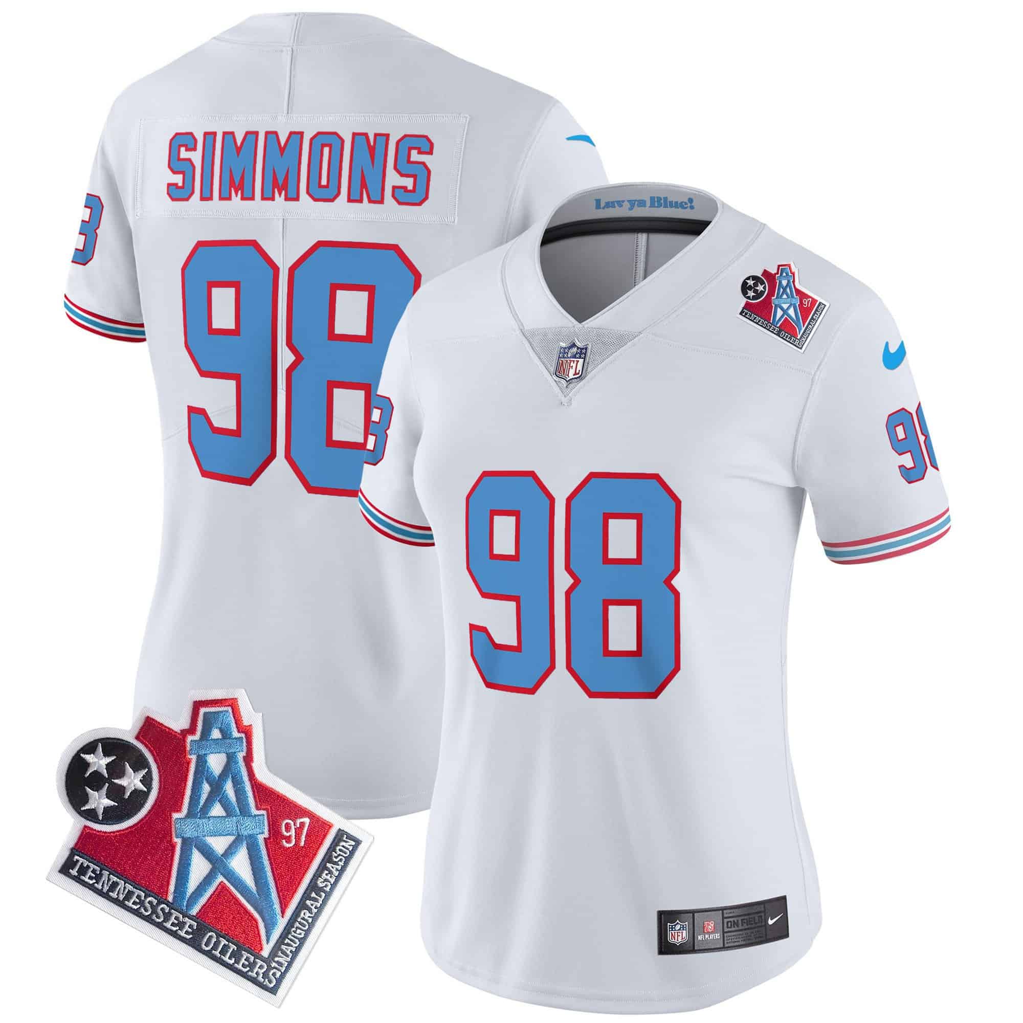 Women’s Titans 1997 Throwback Limited Vapor Jersey – All Stitched – White – Jeffery Simmons