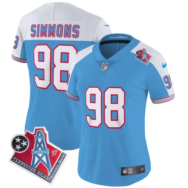 Women’s Titans 1997 Throwback Limited Vapor Jersey – All Stitched – Alternate – Jeffery Simmons