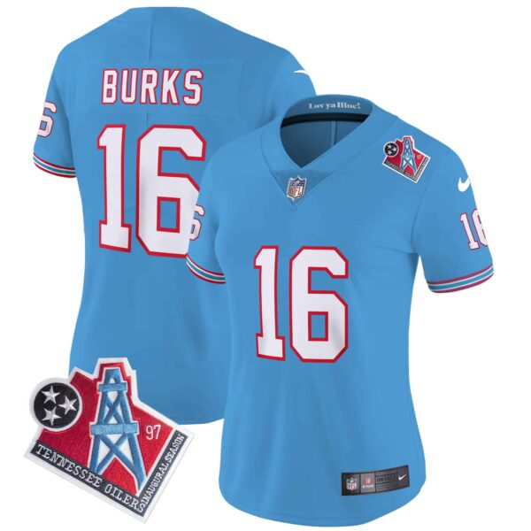 Women’s Titans 1997 Throwback Limited Vapor Jersey – All Stitched – Light Blue – Treylon Burks