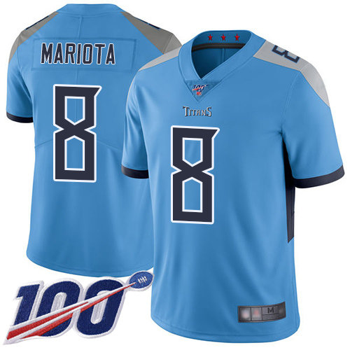 Titans #8 Marcus Mariota Light Blue Alternate Men’s Stitched Football 100th Season Vapor Limited Jersey
