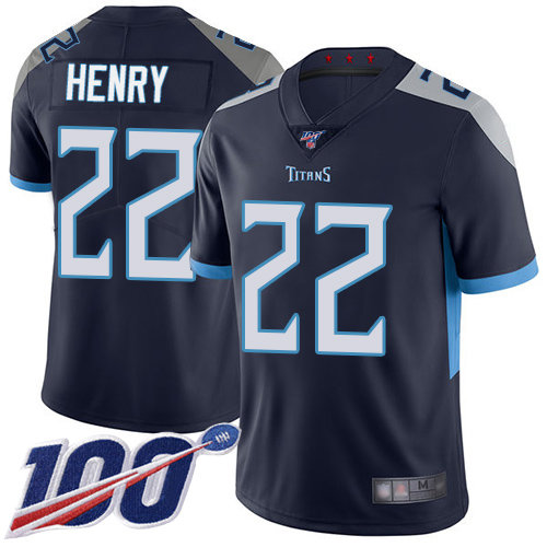 Titans #22 Derrick Henry Navy Blue Team Color Men’s Stitched Football 100th Season Vapor Limited Jersey